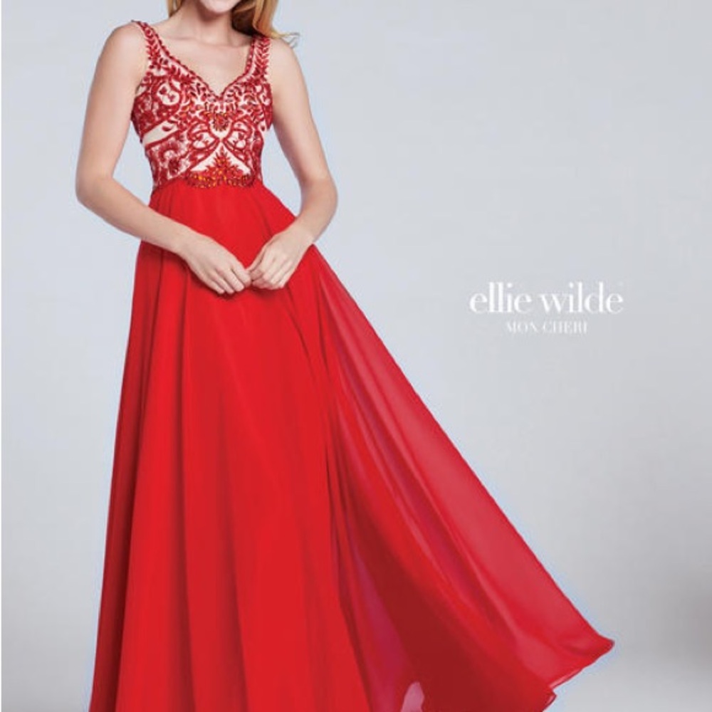 ellie wilde by Mon Cheri Red Chiffon Beaded V-Neck Maxi Evening Dress Gown